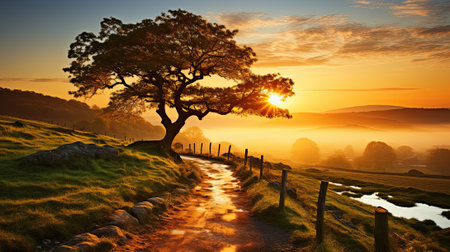 Idyllic rural landscape at sunsetの素材
