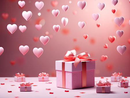 Pink gift box with pink hearts, Valentines day festive backgroundの素材