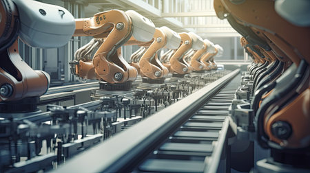 Industrial 4.0, close up of modern factory machinery with robotic handの素材