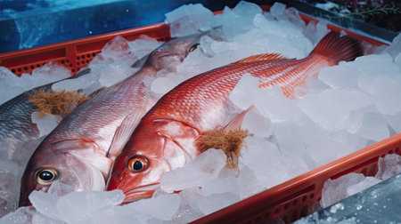 chilled red fresh fish on ice in storeの素材