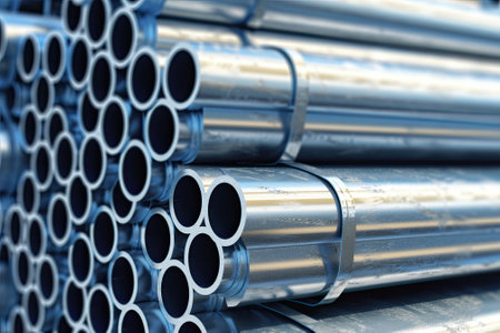 galvanized steel pipes stacked in warehouse.の素材