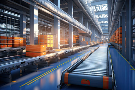 View of modern logistics warehouse conveyor belt transportation box, ai technology and industry automatisation conceptの素材