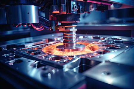 View of laser manufacturing high-precision components, Bright color, industry 4.0 conceptの素材