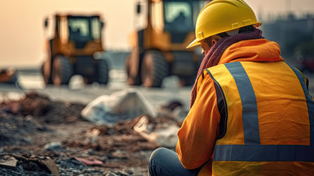 construction industry worker looking on construction siteの素材