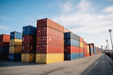Modern System transportation and logistic import export and transport industry of truck container cargo ship and cargo plane with working crane bridge in shipyardの素材