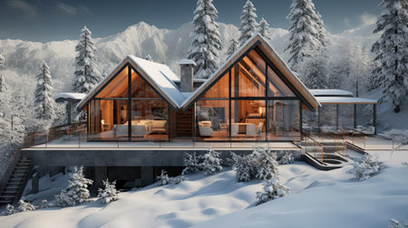 modern chalet at winter under snowの素材