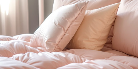 close up pastel pillows in bedの素材