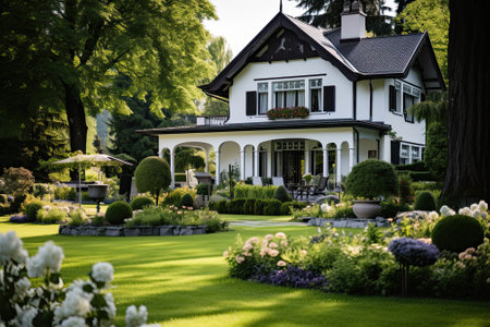 white house with green lane and cozy gardenの素材