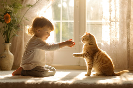 small child playing with cute catの素材