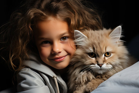 Heartwarming scene, little girl with her pet friend catの素材