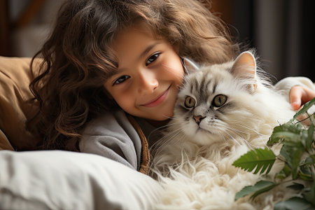 Heartwarming scene, little girl with her pet friend catの素材