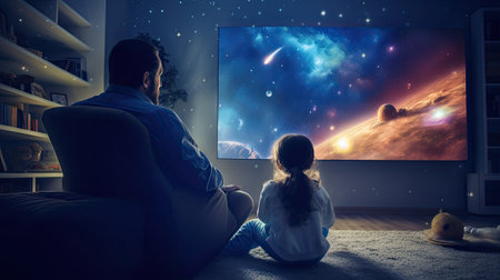 father and daughter watching TV show togetherの素材