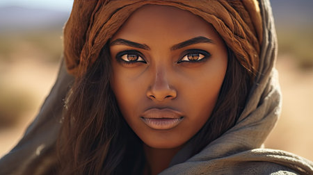 Somali woman in desert, woman wearing a brown scarf, which is wrapped around her head and face. She is looking at the camera, and her eyes are wide open, giving her a captivating gazeの素材