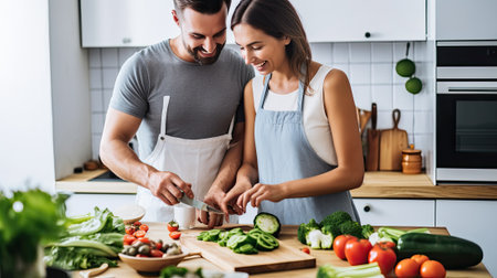 happy vegan couple man and woman cooking togetherの素材