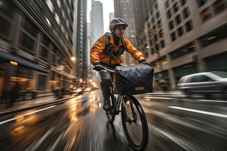 Bike delivery through big city on a bikeの素材