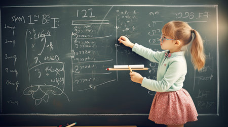 Student little girl in front of blackboardの素材