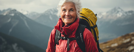 senior happy woman hiking in mountinesの素材