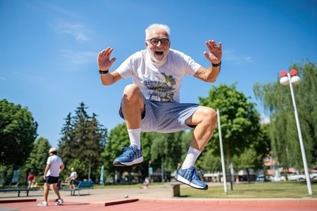 Senior man doing sport exercises outdoorの素材