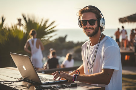 DJ at beach party at summerの素材