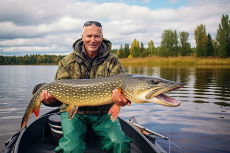 Fisherman holding trophy Pike standing in the waterの写真素材