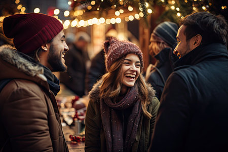 Friends having fun at Christmas marketの素材