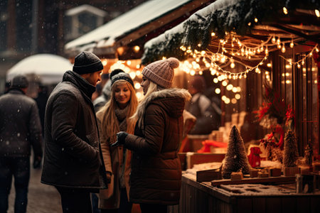 Friends having fun at Christmas marketの素材