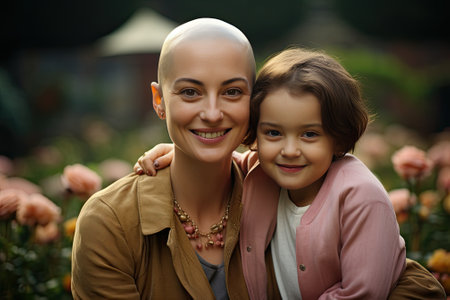 Happy woman with shaved head with child outdoorの素材