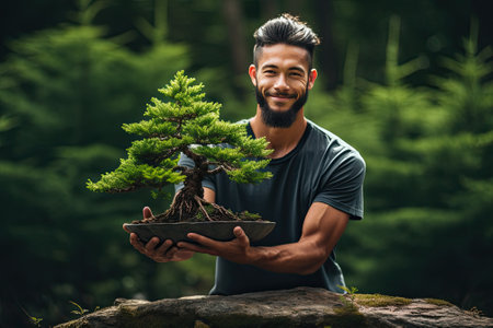 Man holding bonsai tree.の素材