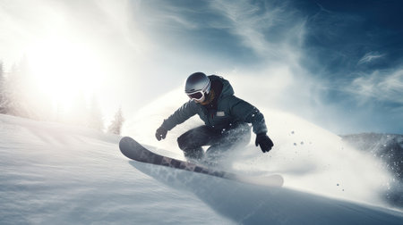 Snowborder man in action in mountinesの素材
