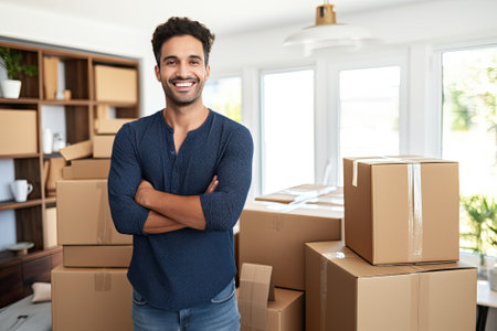 happy moving in, person with cardboardの素材