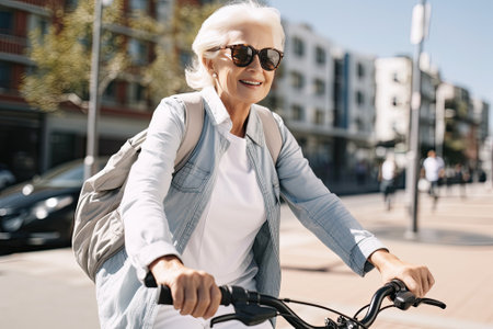 senior woman with bike outdoor in cityの素材