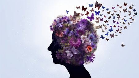 silhouette of senior woman with butterlies around her head, mental health conceptの素材