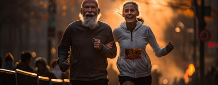 Couple of adults running on sunset streetの素材