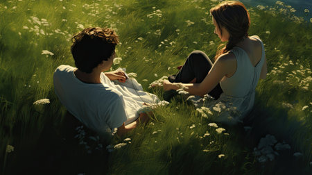 people sitting on the grass and talking, spring sunny dayの素材