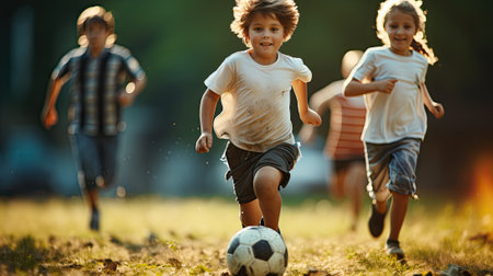 Kids playing in soccer football outdoorの素材