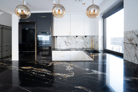 white and black modern kitchen room with bar counterの写真素材