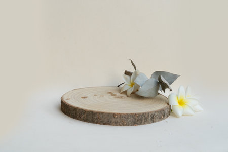 Minimal modern product display podium on neutral background with wooden podium, tropical summer flowersの写真素材