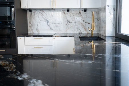 white and black modern kitchen room with bar counterの写真素材