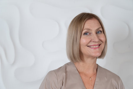 Skin care. Beautiful senior woman smiling, senior people lifestyleの写真素材