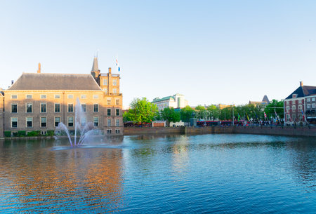 facade of Binnenhof - Dutch Parliament with reflections in pond, The Hague, Hollandの写真素材