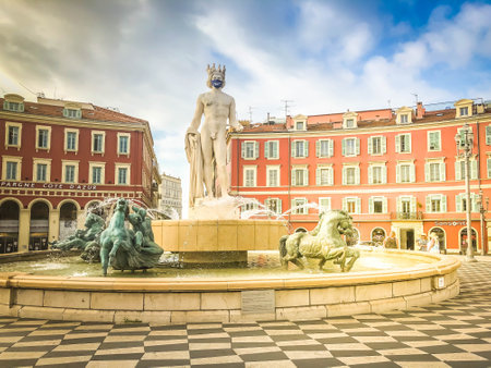central square and fountain in old town of Nice, Franceの写真素材