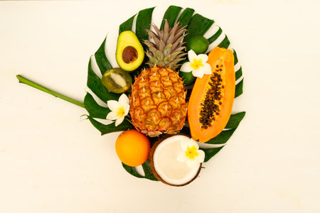 Summer diet background, fresh fruits flat lay sceneの写真素材