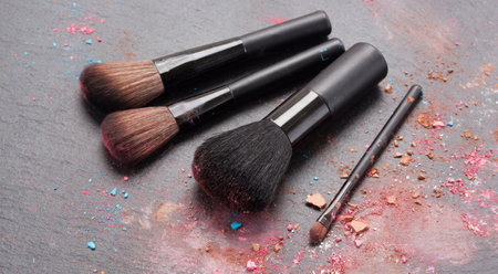 set of make up brushes with make up crumbles on black backgroundの写真素材