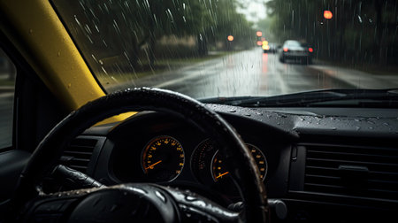 pov of a driver on a rainy day, bright colors, view insideout,の素材