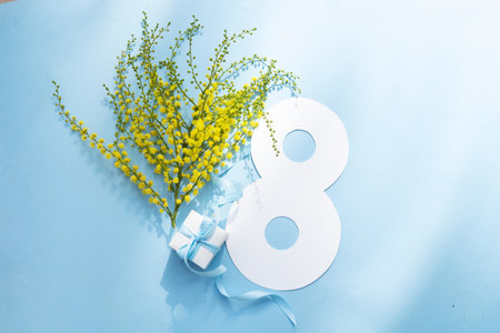 Mimosa yellow flowers on blue spring background, 8 march day festive background, mimose is traditional flowers for international womans day 8 of marchの写真素材