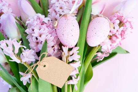 Easter scene with fresh tulips and hyacinth flowers close upの写真素材