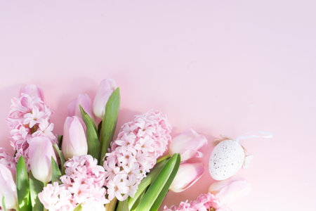 Easter scene with fresh tulips and hyacinth flowers close upの写真素材
