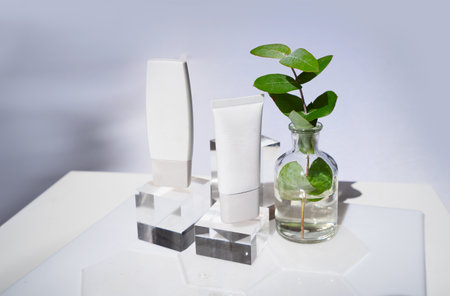 Laboratory tested cream tubes on glass podiums.の写真素材