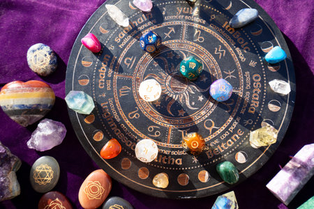 Horoscope zodiac circle with divination dice and birthstones. Fortune telling and astrology predictions charts concept, magic rituals and exoteric experienceの写真素材