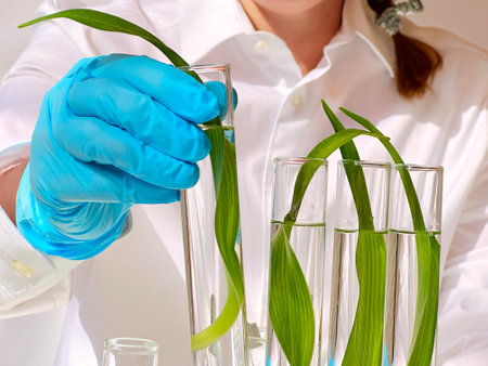 Science and nature concept, green laboratory with woman researcher inspecting test tubesの写真素材